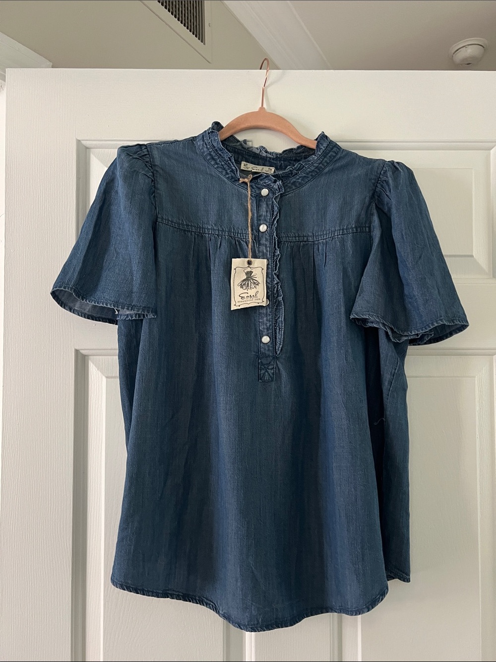 Easel Dark Denim Ruffle Top